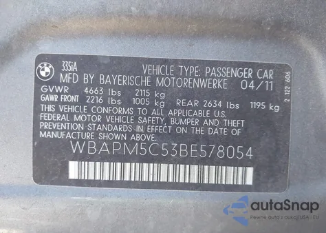 2011 BMW 335I from USA, damaged, VIN WBAPM5C53BE578054